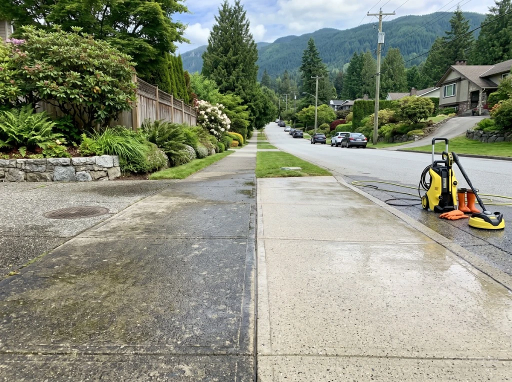 Residential sidewalk pressure washing before and after in North Vancouver