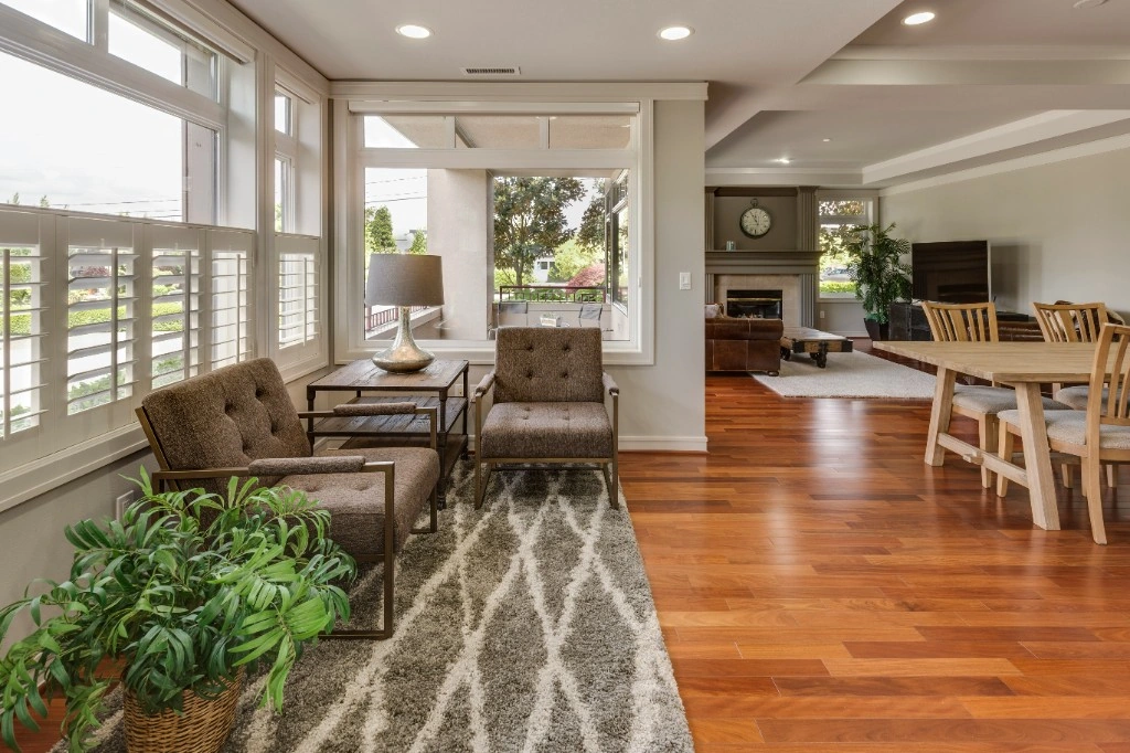 Open-concept home with natural light through clear residential windows